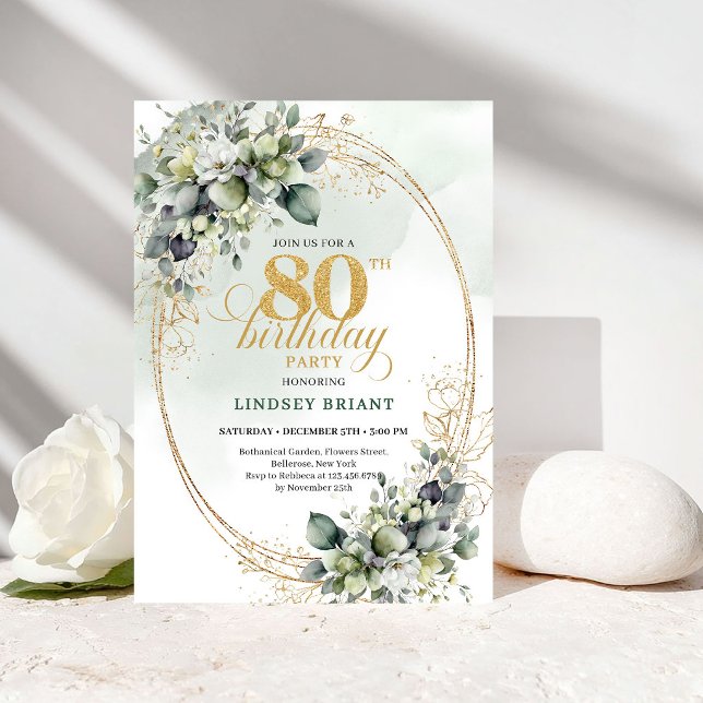 Invitación de cumpleaños número 80 de Chic Botanic (Chic Botanical White Roses 80th Birthday Invite)