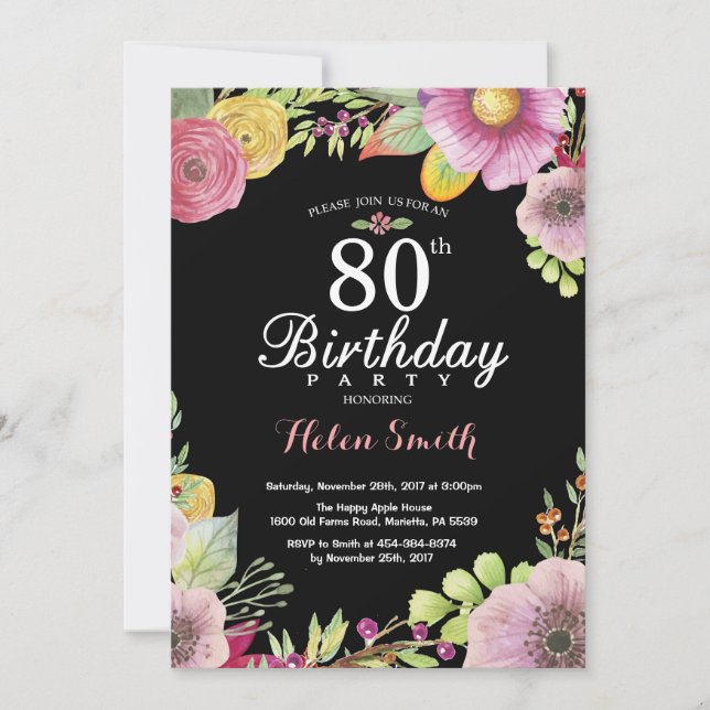 Invitación de cumpleaños número 80 de Floral para  (Anverso)