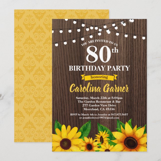 Invitación de cumpleaños número 80 del girasol. Cu (Anverso / Reverso)