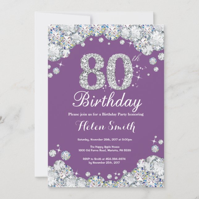 Invitación de cumpleaños número 80 Diamante morado (Anverso)