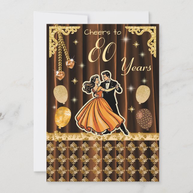 Invitación de cumpleaños número 80 dorado con pare (Anverso)