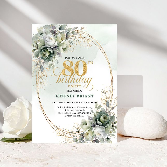 Invitación de cumpleaños número 80 elegante botáni (Elegant Botanical Gold 80th Birthday Invitation)