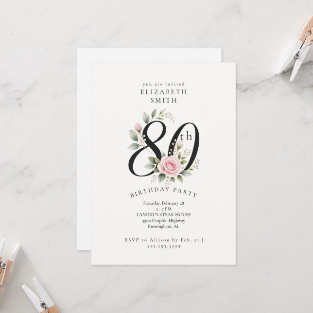 Invitación de cumpleaños número 80 elegante con ro (Anverso/Reverso In Situ)