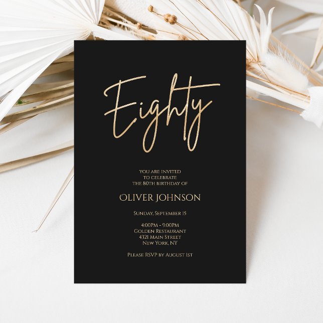 Invitación de cumpleaños número 80 elegante en neg (Elegant Black Gold 80th Birthday Invitation)