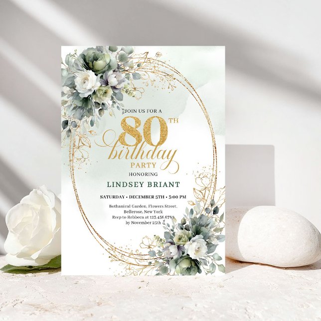 Invitación de cumpleaños número 80 elegante en ver (Elegant Green and White 80th Birthday Invitation)