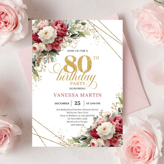 Invitación de cumpleaños número 80 en Burgundy Bla (Modern Burgundy White Gold 80th Birthday Invite)