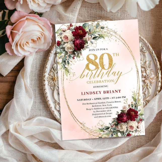 Invitación de cumpleaños número 80 en marco de oro (Elegant Gold Frame Boho 80th Birthday Invitation)