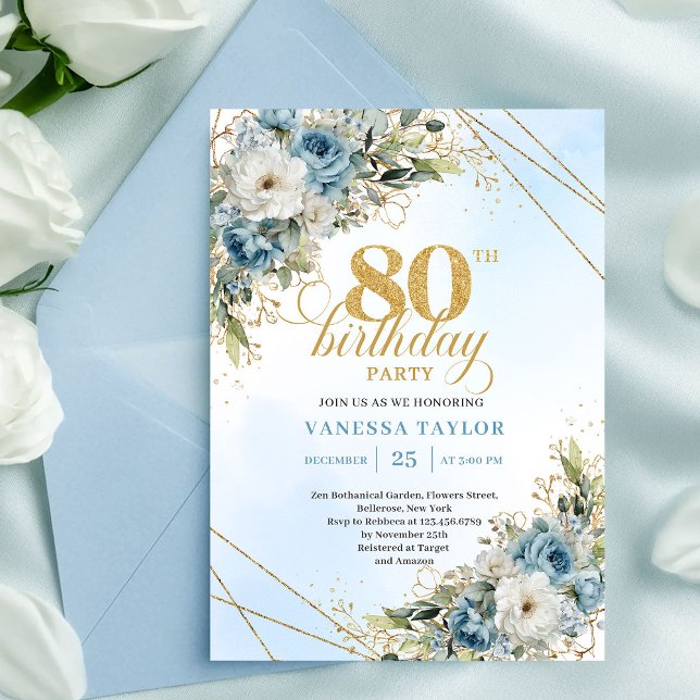 Invitación de cumpleaños número 80 encantadora con (Charming 80th Birthday Invite Dusty Blue Flowers Gold)