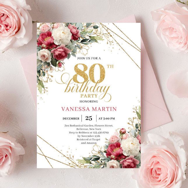Invitación de cumpleaños número 80 floral blanca d (Burgundy white floral 80th birthday invite with greenery

)