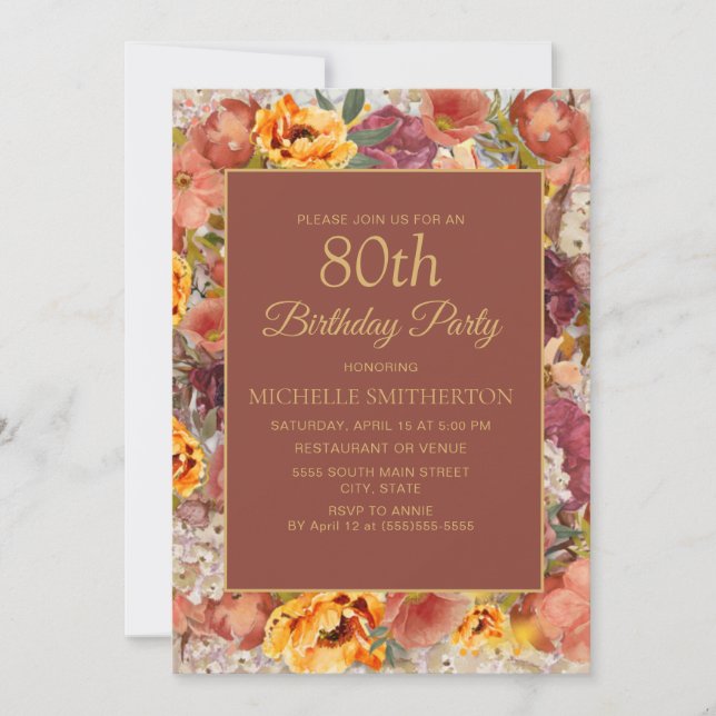 Invitación de cumpleaños número 80 Floral Crema Na (Anverso)