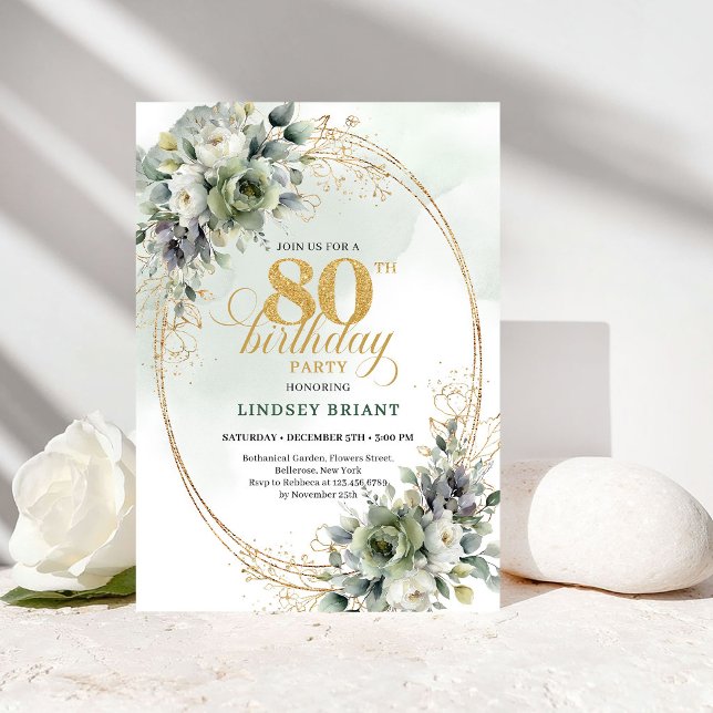 Invitación de cumpleaños número 80 Floral Verde y  (Floral Green and Gold 80th Birthday Invitation)