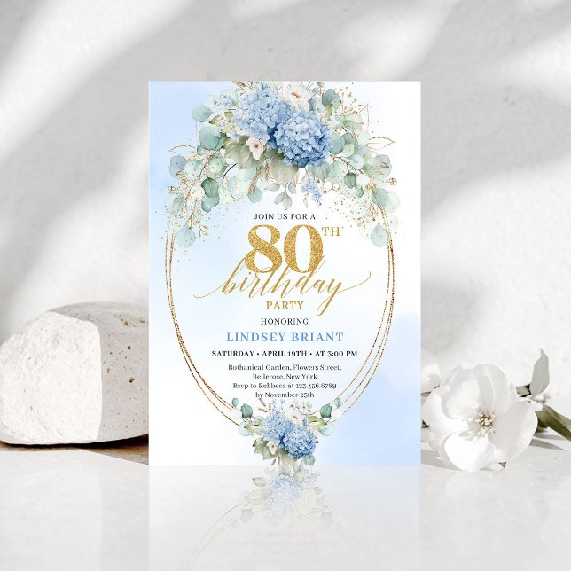 Invitación de cumpleaños número 80 Garden Dusty Bl (Garden Dusty Blue Floral 80th Birthday Invitation)