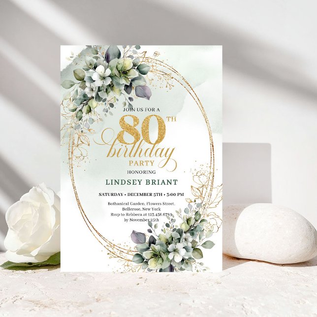 Invitación de cumpleaños número 80 Modern Greenery (Modern Greenery Gold 80th Birthday Invitation)