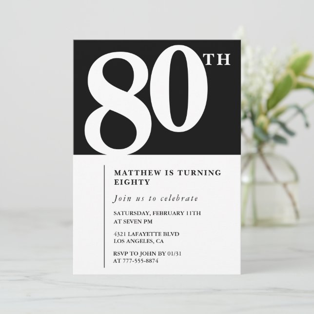 Invitación de cumpleaños número 80 negra Elegante  (Anverso de pie)