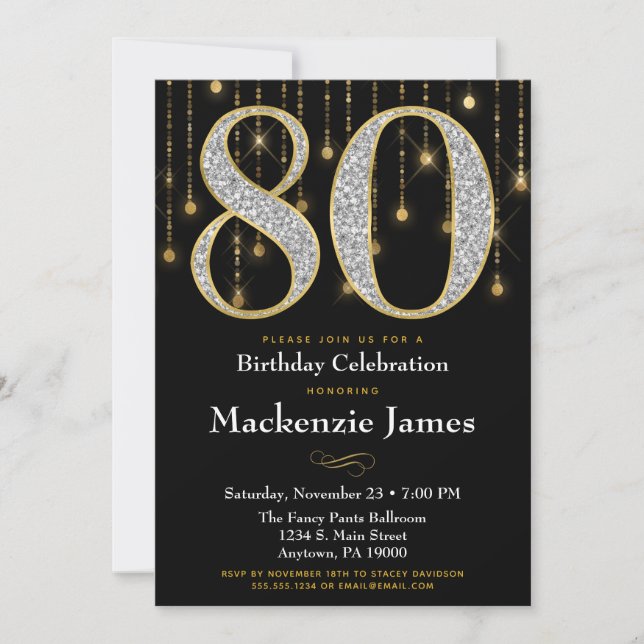 Invitación de cumpleaños número 80 negro dorado di (Anverso)
