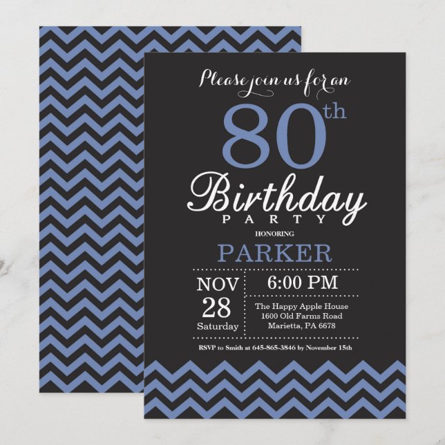 Invitación de cumpleaños número 80 negro y azul (Anverso / Reverso)