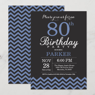 Invitación de cumpleaños número 80 negro y azul