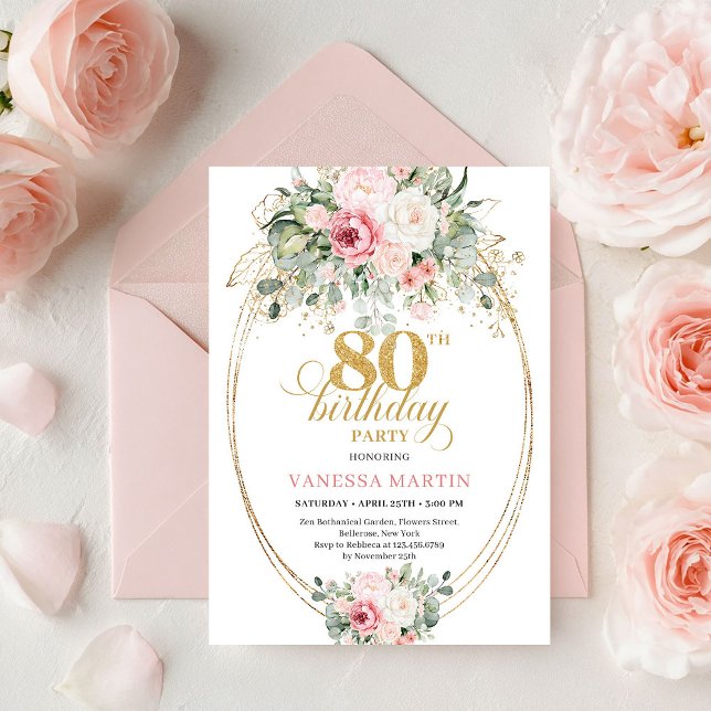 Invitación de cumpleaños número 80 Pretty Boho Blu (Pretty Boho Blush Roses 80th Birthday Invitation Art

)