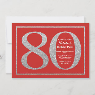 Invitación de cumpleaños número 80 Purpurina rojo