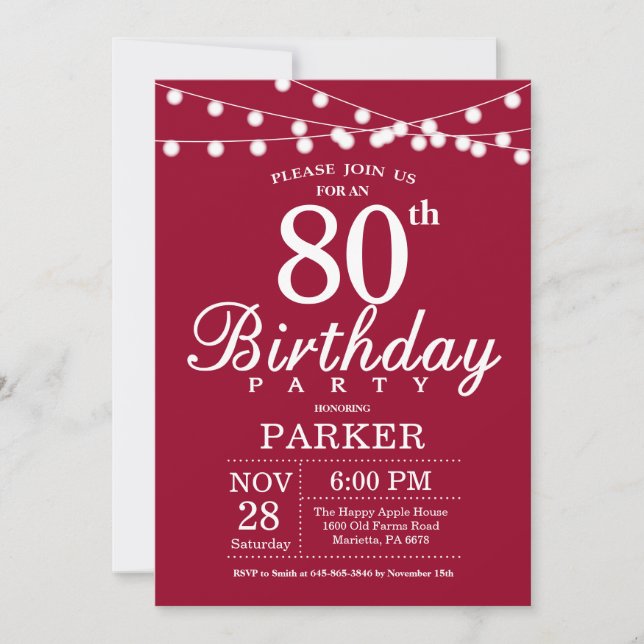 Invitación de cumpleaños número 80 rojo burdeos (Anverso)