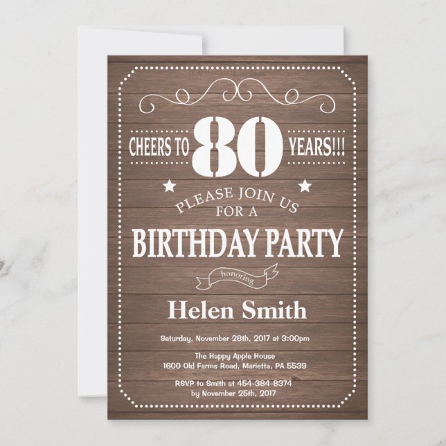 Invitación de cumpleaños número 80 rústica (Anverso)