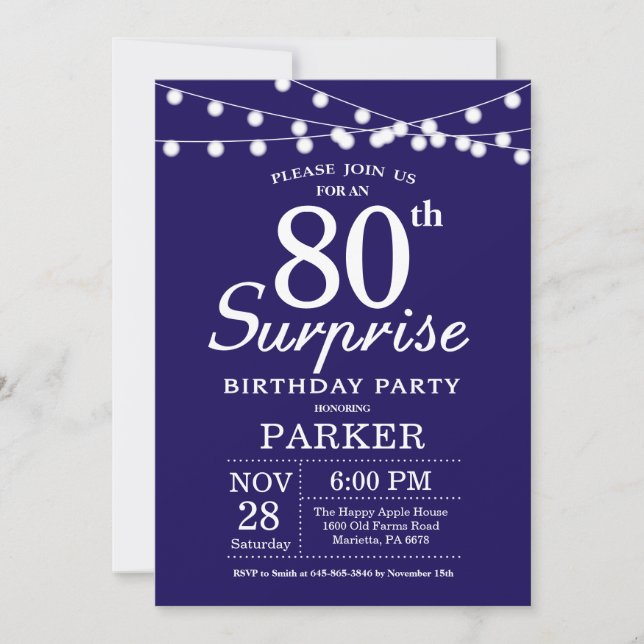 Invitación de cumpleaños número 80 sorpresa azul m (Anverso)