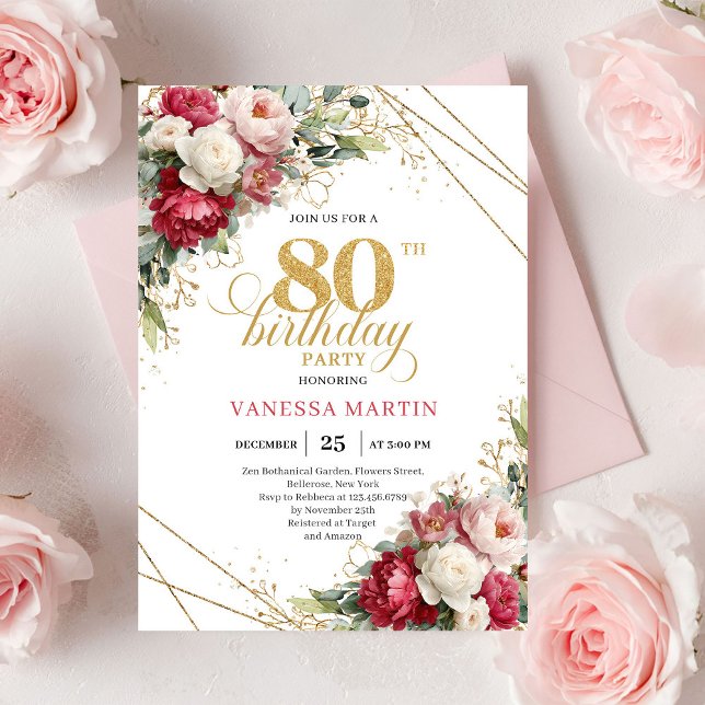 Invitación de cumpleaños número 80 Timeless Burgun (Timeless Burgundy Red Gold 80th Birthday Invite)