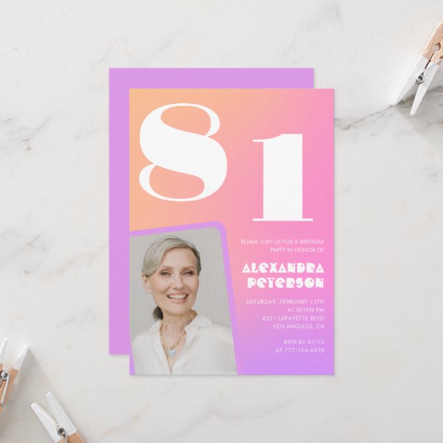 Invitación de cumpleaños número 81 con gradiente r (Anverso/Reverso In Situ)