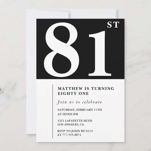 Invitación de cumpleaños número 81 elegante en bla (Anverso)
