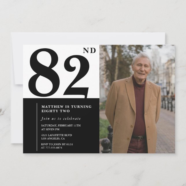 Invitación de cumpleaños número 82 con foto en bla (Anverso)