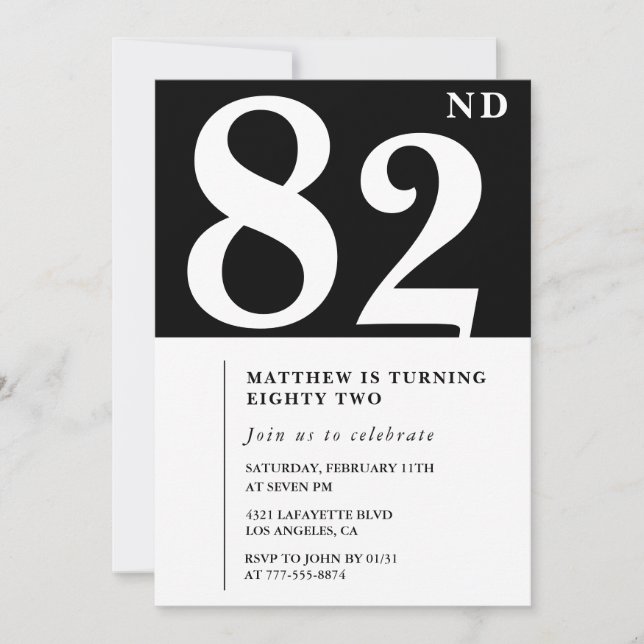 Invitación de cumpleaños número 82 elegante en bla (Anverso)