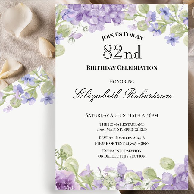 Invitación de cumpleaños número 82 elegante floral (Subido por el creador)