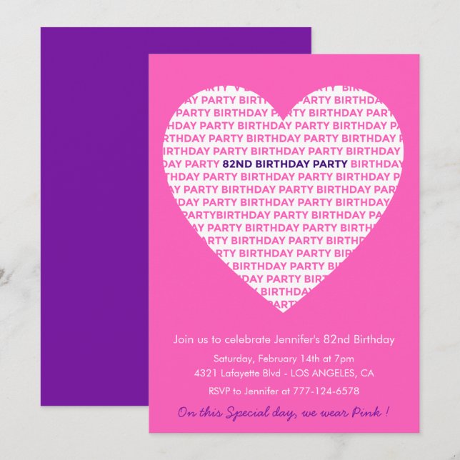 Invitación de cumpleaños número 82 femenina Corazó (Anverso / Reverso)