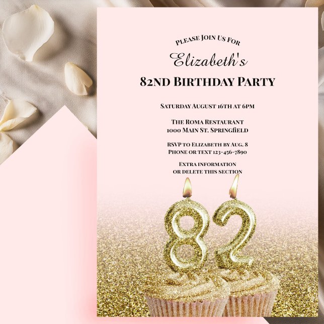 Invitación de cumpleaños número 82 rosa y dorado p (Subido por el creador)