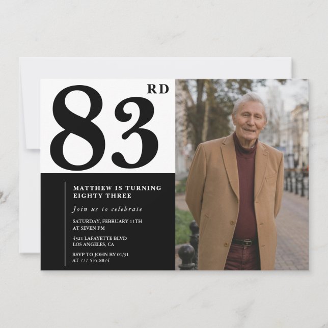 Invitación de cumpleaños número 83 en blanco y neg (Anverso)