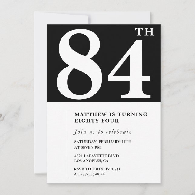 Invitación de cumpleaños número 84 elegante en bla (Anverso)
