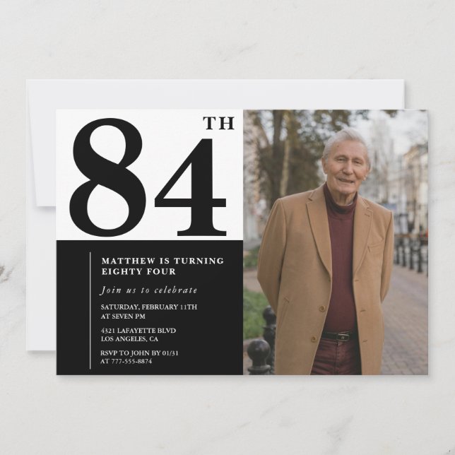 Invitación de cumpleaños número 84 en blanco y neg (Anverso)