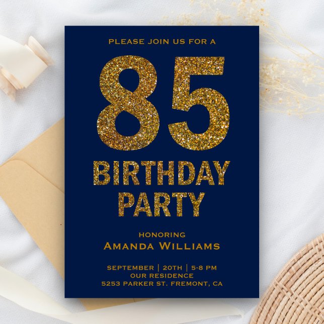 Invitación de cumpleaños número 85 con brillo de o (Subido por el creador)
