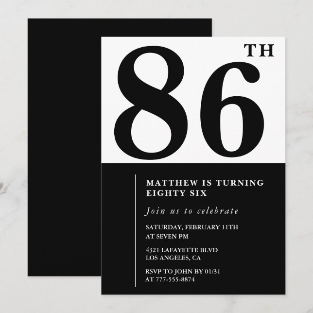 Invitación de cumpleaños número 86 Chic en blanco  (Anverso / Reverso)