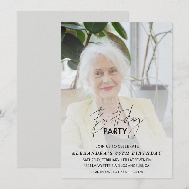 invitación de cumpleaños número 86 con foto gris (Anverso / Reverso)