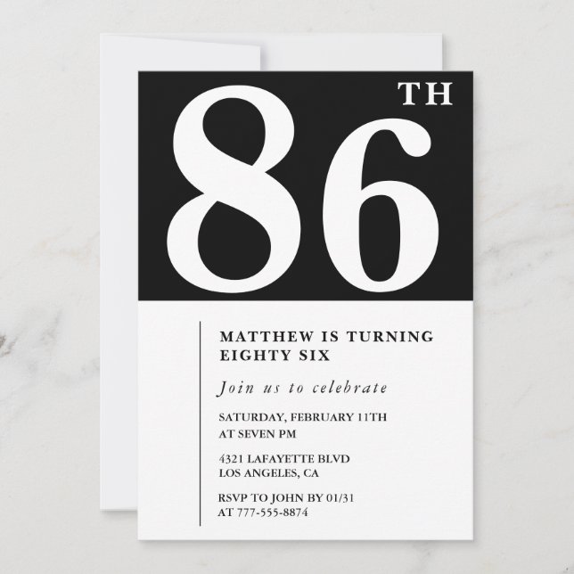 Invitación de cumpleaños número 86 elegante en bla (Anverso)