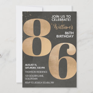 Invitación de cumpleaños número 86 en dorado y neg