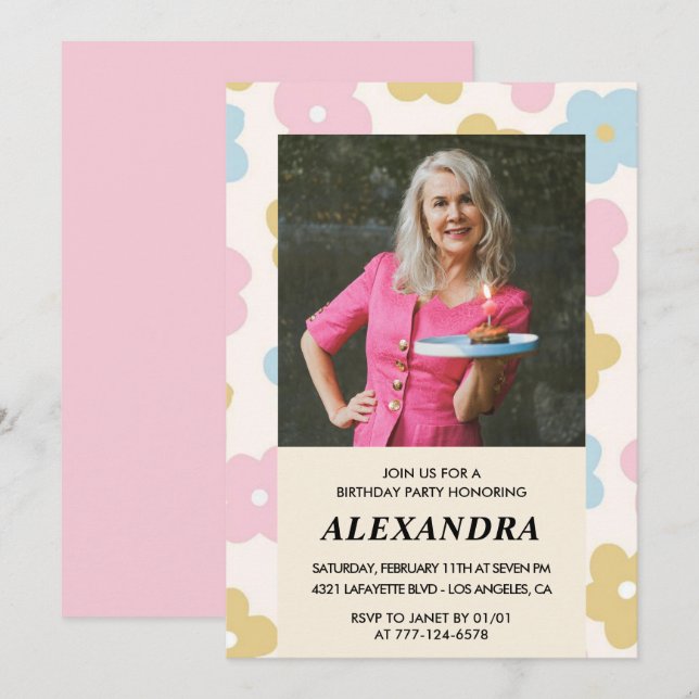 Invitación de cumpleaños número 87 con foto floral (Anverso / Reverso)