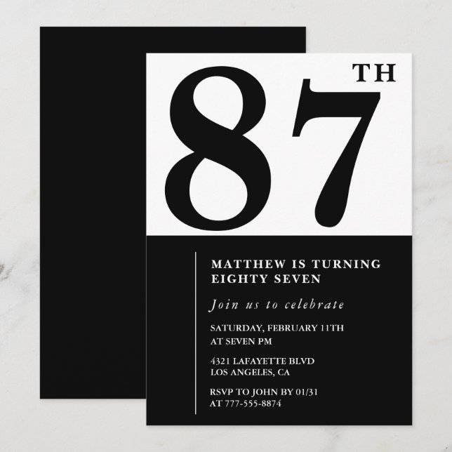 Invitación de cumpleaños número 87 elegante en neg (Anverso / Reverso)