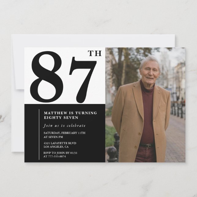 Invitación de cumpleaños número 87 en blanco y neg (Anverso)
