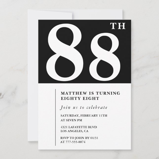 Invitación de cumpleaños número 88 elegante en bla (Anverso)
