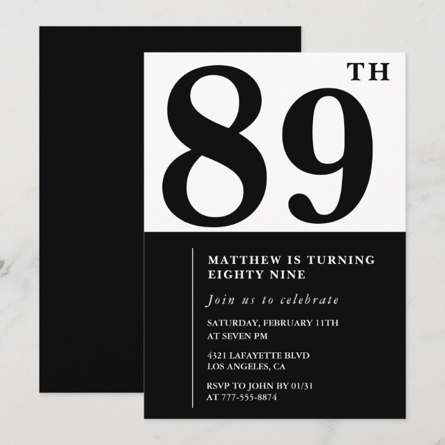 Invitación de cumpleaños número 89 Chic en negro y (Anverso / Reverso)