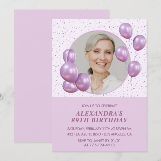 Invitación de cumpleaños número 89 con globos mora (Anverso / Reverso)