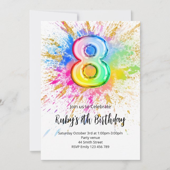 Invitación de cumpleaños número 8 con arcoíris (Anverso)