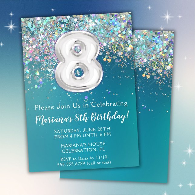 Invitación de cumpleaños número 8 con brillo teal  (Subido por el creador)